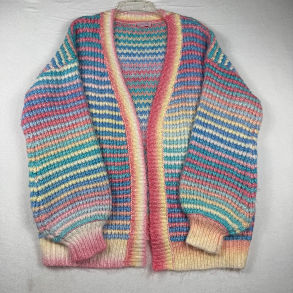 Pink Lily Pastel Rainbow Stripe Fuzzy Knit Cardigan S Balloon Sleeve Cozy Boho
